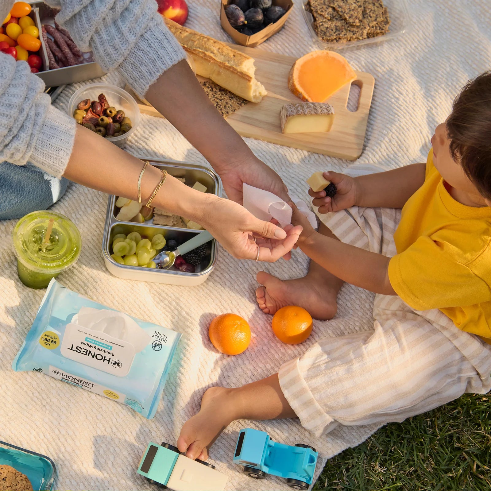 A parent sharing a wipe with a child during a family picnic